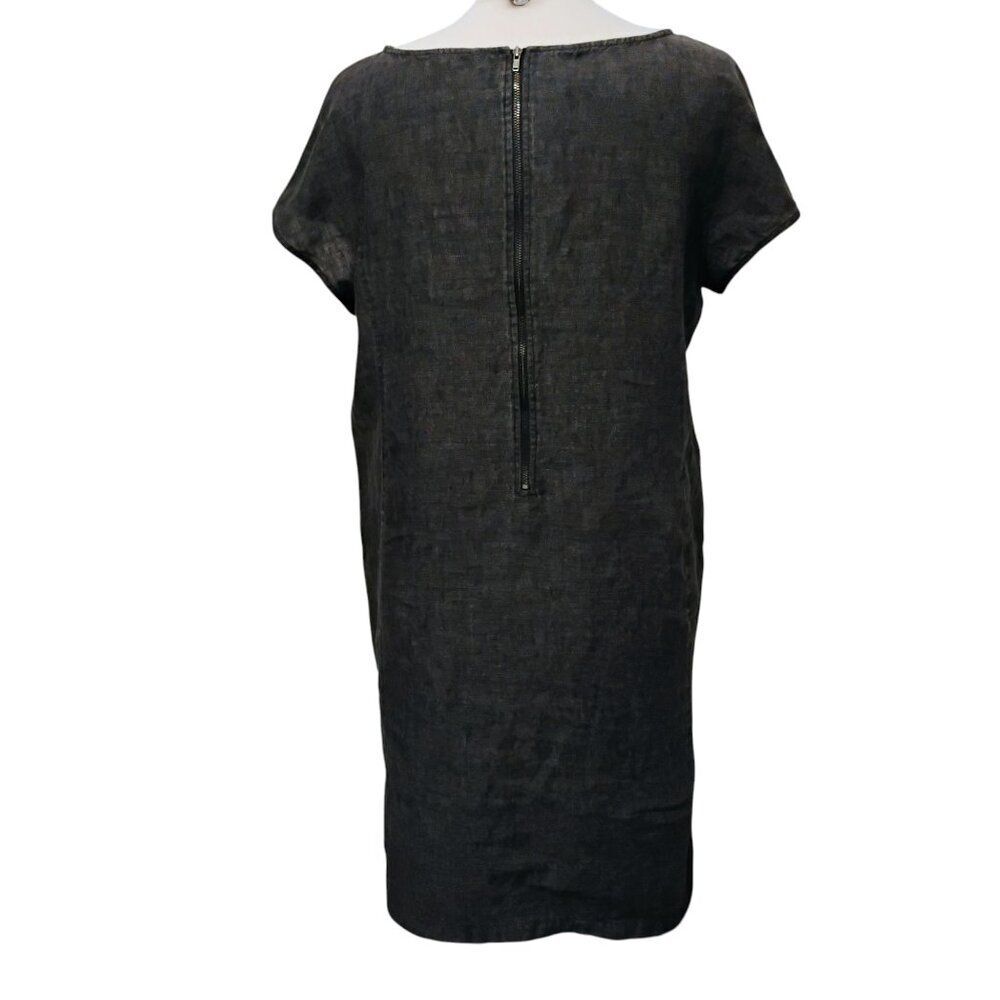 Eileen Fisher Dress 100% Linen Shift Lagenlook Pockets Boat Neck Charcoal Gray L - Picture 3 of 9